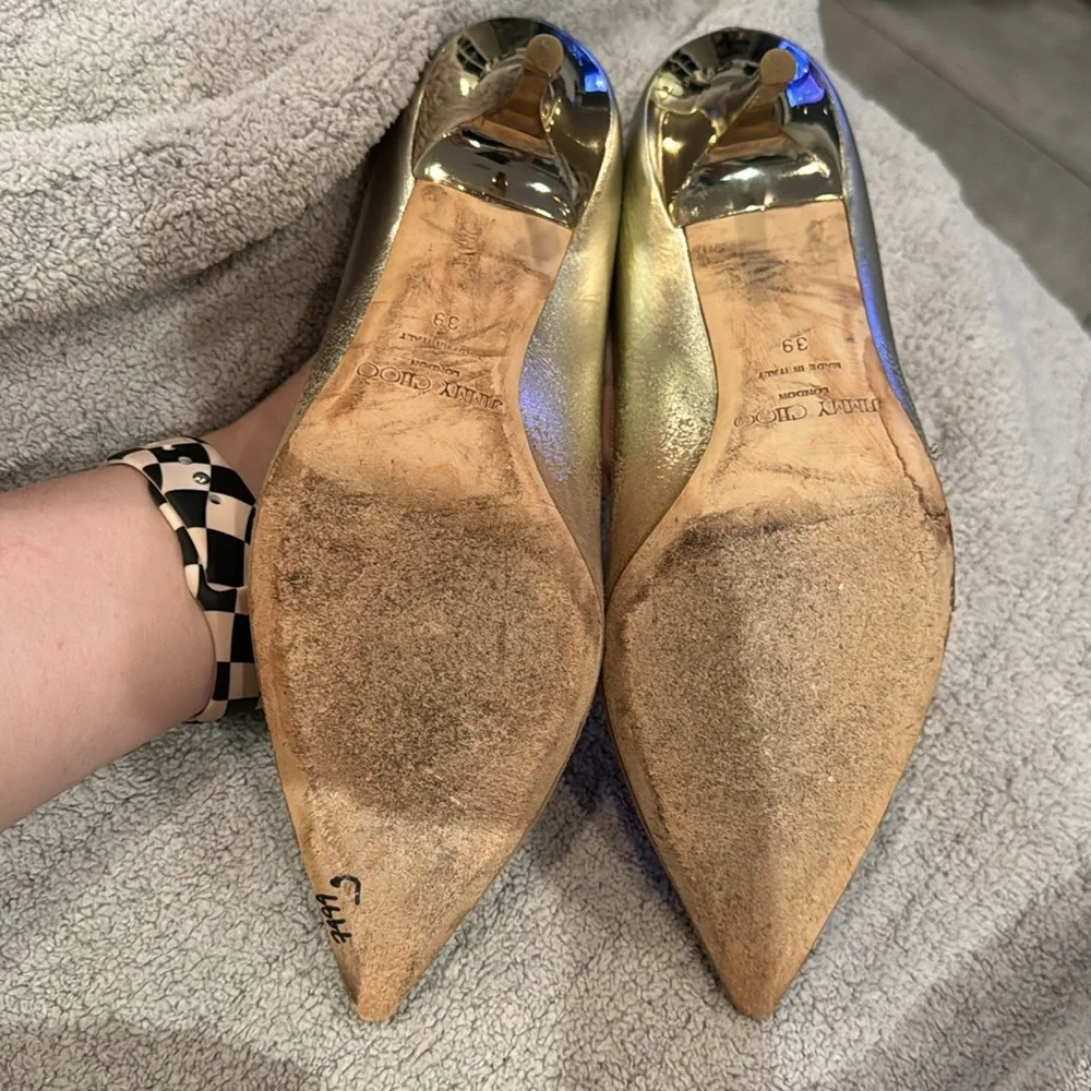Jimmy Choo Tan and Gold Heels Sleek Pointed Toe - Picture 3 of 10